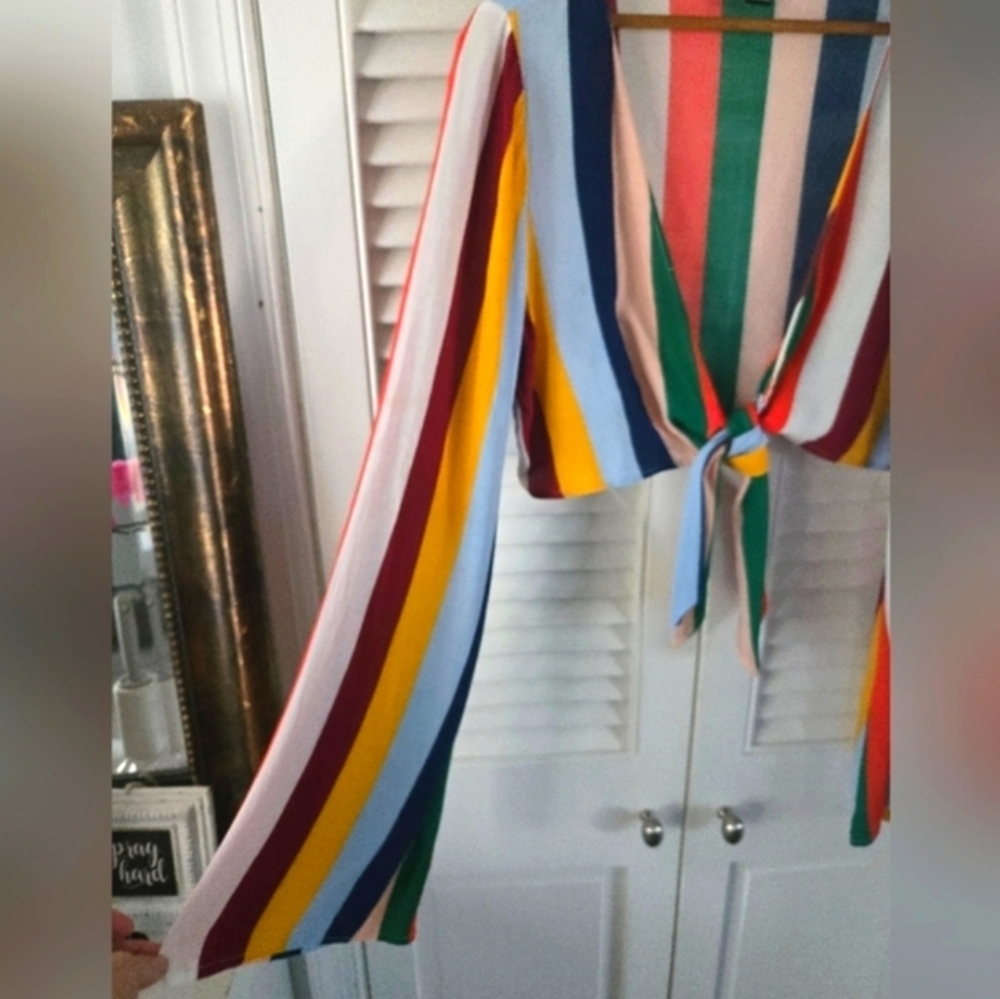 Title:Forever 21 Multicolor Stripe Tie Front Bell Sleeve Crop Top Boho Festival - Picture 3 of 7